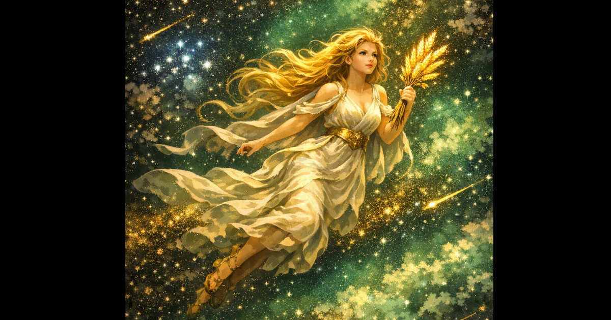 深い紺色の宇宙を背景に、純白の翼を広げた女神のシルエットと、その手元で青白く輝く1等星スピカ。知性と清らかさを感じさせる精密なイラスト。