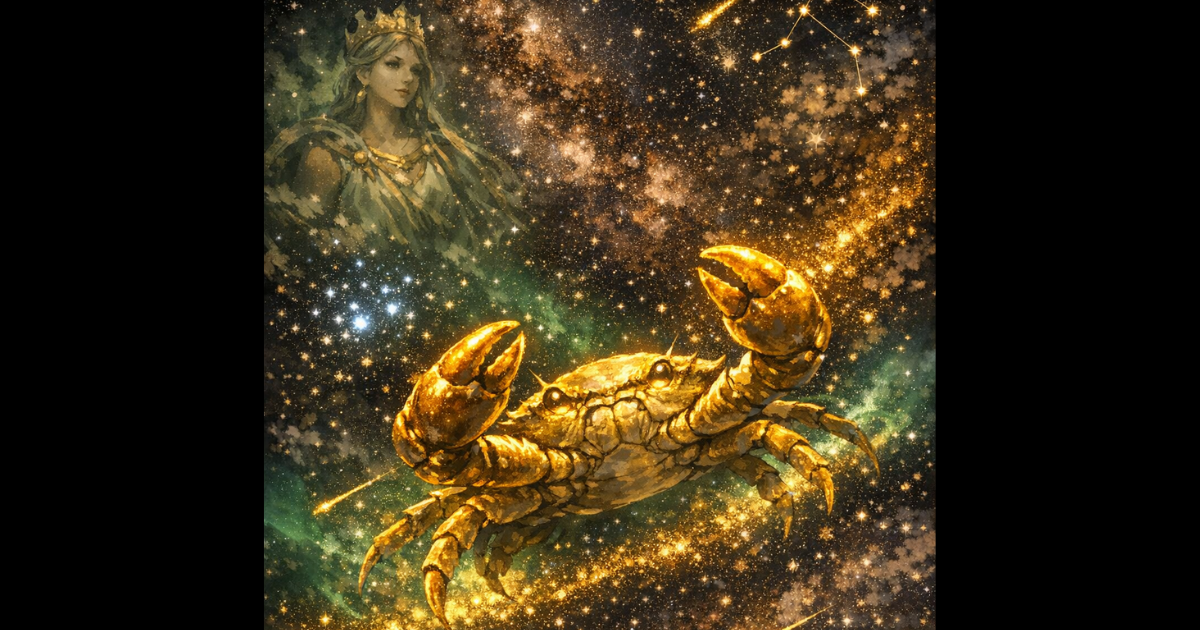 淡い光を放つ逆Y字型の蟹座の結線と、背景に優しく浮かぶ三日月。深い紺色の宇宙に星々が輝く神秘的なイラスト。