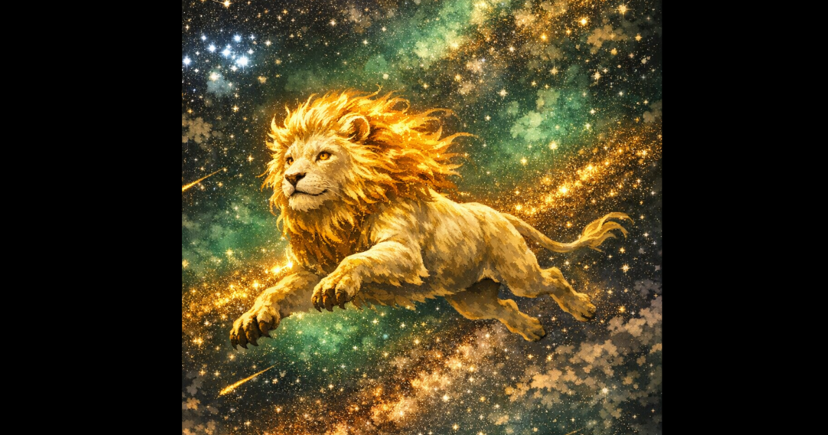 黄金色に輝くライオンの横顔と、その胸元で強く光る1等星レグルス。背景には「ししの大鎌」と呼ばれる特徴的な星座線が描かれた華やかなイラスト。