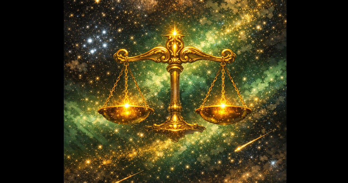 深い宇宙の背景に、金色の光の線で描かれた天秤座のインフォグラフィック。中心には、左右の皿が完璧なバランスを保つ優雅な天秤が描かれ、その周囲を金色の象徴記号が囲んでいる。上部左には天秤座の星座記号（♎）、上部右には金星の守護星記号（♀）、下部左には「風」のエレメントを象徴する正三角形と横線の記号、下部右には主要な星を結んだ天秤座の星図が配置され、最下部には「LIBRA」のテキストが記されている。