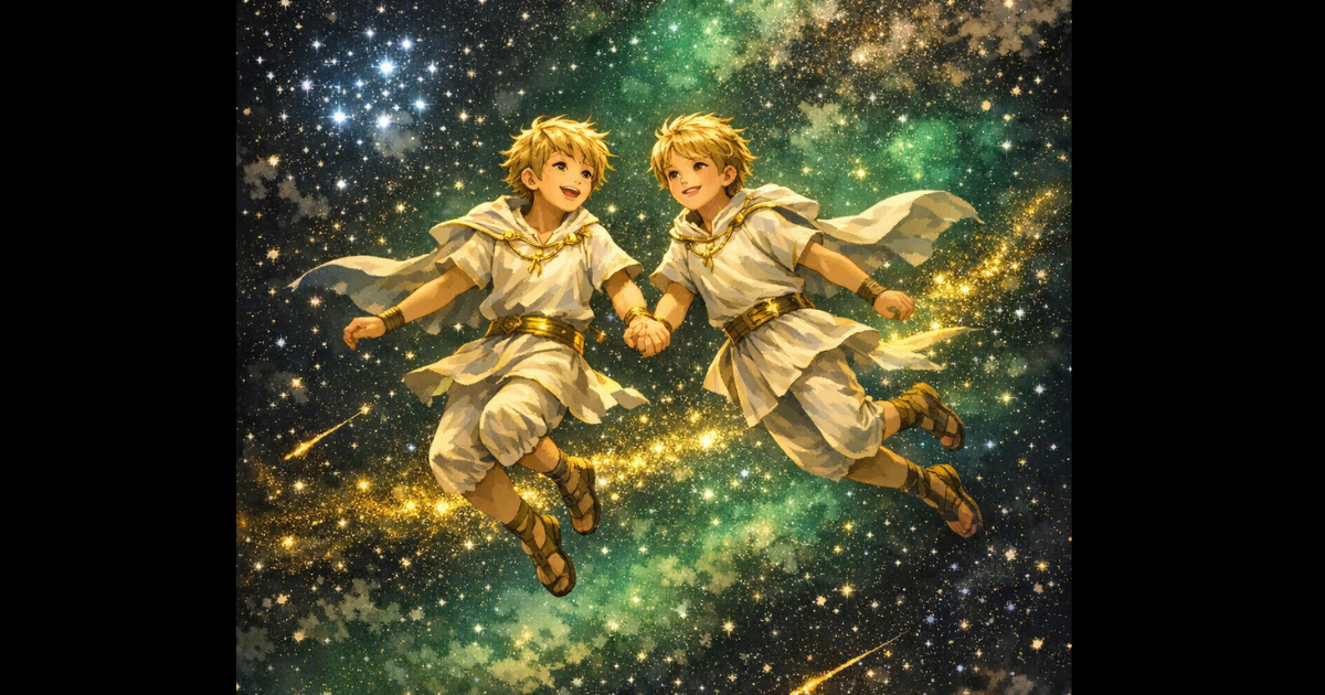 深い緑色の星雲と無数の星々が輝く宇宙空間を、手をつないで軽やかに浮遊する、金髪で白い古代ギリシャ風の衣装を纏った双子の少年たちのイラスト。