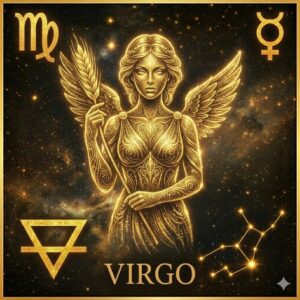 深い宇宙の背景に、金色の光の線で描かれた乙女座のインフォグラフィック。中心には、緻密な装飾が施された大きな翼を持つ女神(アストライア)が描かれ、その周囲を金色の象徴記号が囲んでいる。上部左には乙女座の星座記号(♍)、上部右には水星の守護星記号(☿)、下部左には「地」のエレメントを象徴する下向きの三角形と横線の記号、下部右には主要な星を結んだ乙女座の星図が配置され、最下部には「VIRGO」のテキストが記されている。