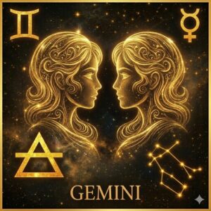 深い宇宙の背景に、金色の光の線で描かれた双子座のインフォグラフィック。中心には、見つめ合う二人の女性（双子）の横顔が描かれ、その周囲を金色の象徴記号が囲んでいる。上部左には双子座の星座記号（♊）、上部右には水星の守護星記号（☿）、下部左には「風」のエレメントを象徴する三角形と横線の記号、下部右には主要な星を結んだ双子座の星図が配置され、最下部には「GEMINI」のテキストが記されている。