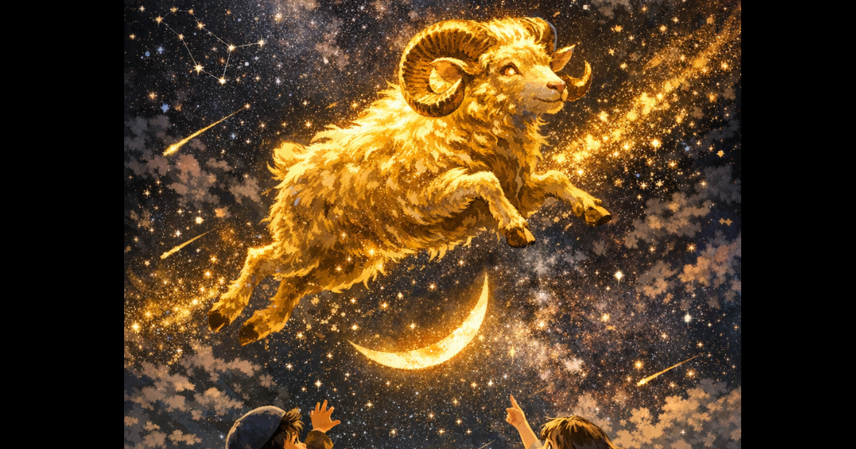 夜空を飛ぶ黄金の牡羊と子供たちのイラスト。牡羊座の由来となったギリシャ神話のシーン。