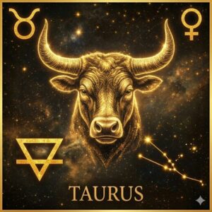 牡牛座の精密な星図。1等星アルデバランを含むV字型の結線と、そこから東へ長く伸びる2本の角のラインが、金色の光の線で描かれている。