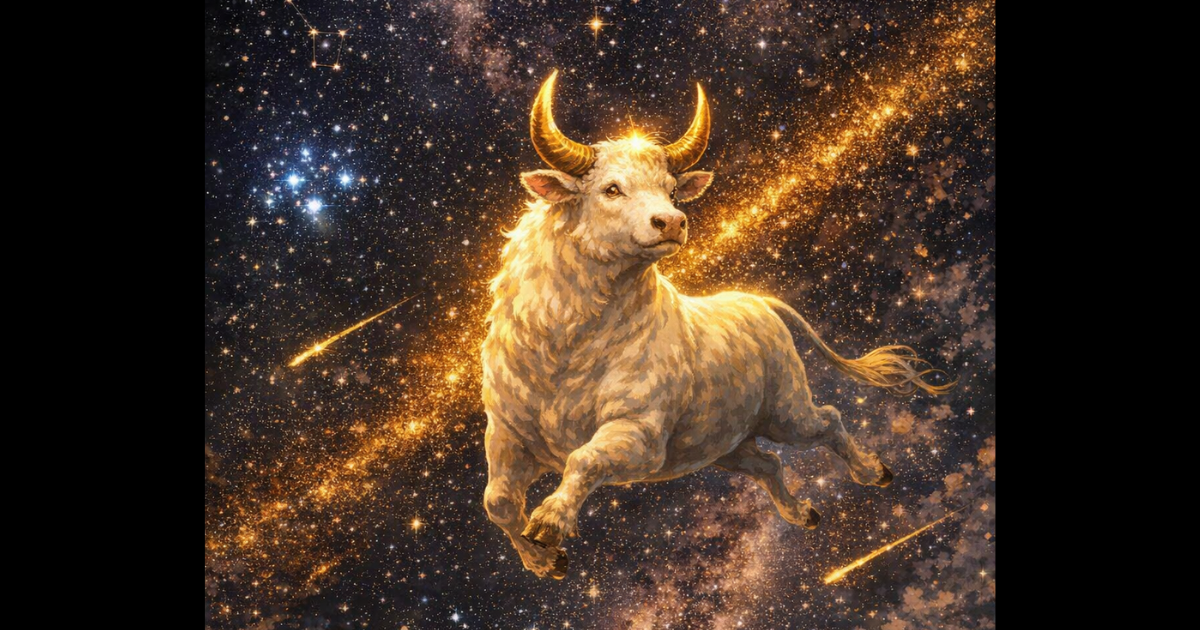 雪のように白い牡牛と黄金の角、夜空に輝く牡牛座のアイキャッチ画像