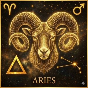 牡羊座（アリエス）のインフォグラフィック。牡羊座の記号（♈）、燃え上がる炎（火のエレメント）、火星のシンボル（♂）、そして「へ」の字型の星座結線図が、宇宙の星々に囲まれて輝く。