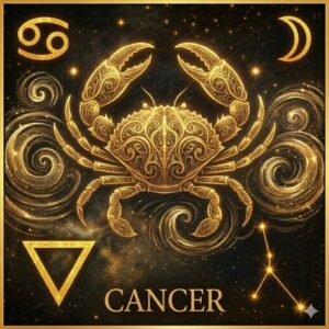 深い宇宙の背景に、金色の光の線で描かれた蟹座のインフォグラフィック。中心には、緻密な装飾が施された大きな蟹(カルキノス)が描かれ、その周囲を金色の象徴記号が囲んでいる。上部左には蟹座の星座記号(♋)、上部右には月の守護星記号(三日月)、下部左には「水」のエレメントを象徴する下向きの三角形の記号、下部右には主要な星を結んだ蟹座の星図が配置され、最下部には「CANCER」のテキストが記されている。