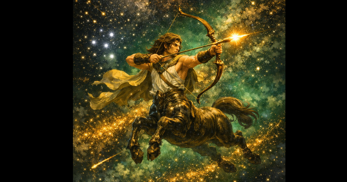 天の川が美しく流れる夜空を背景に、金色の弓を力強く引き絞る半人半馬の賢者ケイローンのシルエット。矢の先が眩しく光り、未来を照らしているような幻想的なイラスト。