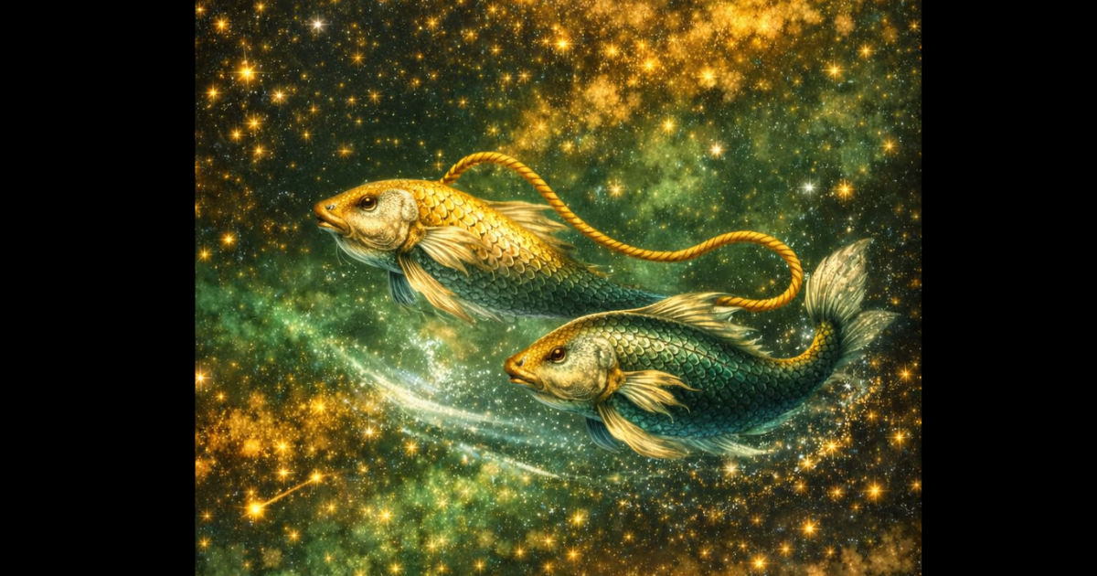 深い紺色の宇宙を背景に、金色の光り輝くリボンで結ばれた二匹の魚。周囲には守護星・海王星を象徴するような水の泡と星屑が舞う、幻想的なイラスト。