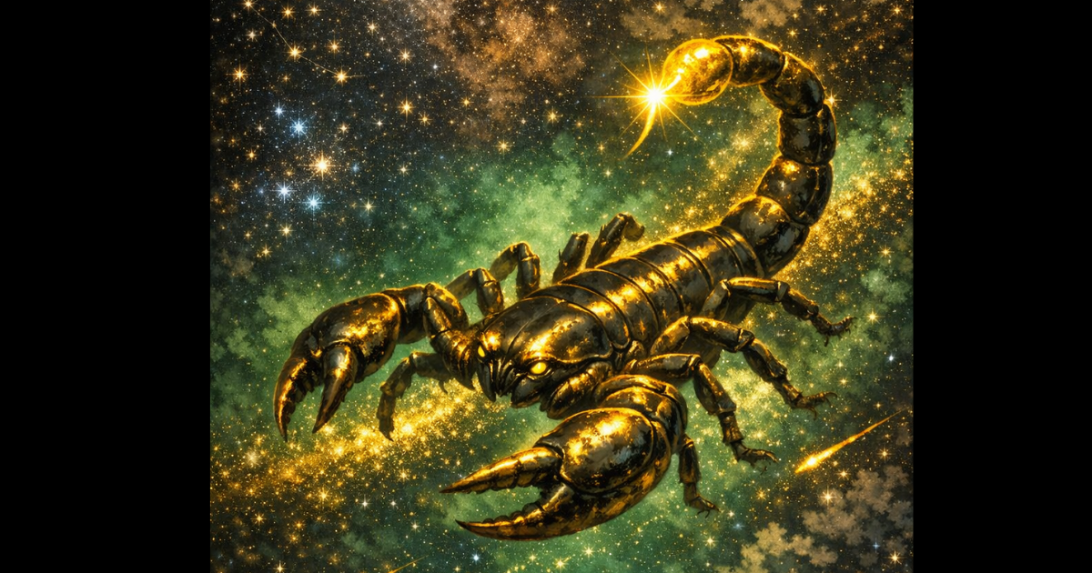 深い闇夜の中で赤く怪しく輝く1等星アンタレス。そこから流れるようなS字を描いて広がる蠍の結線と、鋭い毒針が黄金の光を放つミステリアスなイラスト。