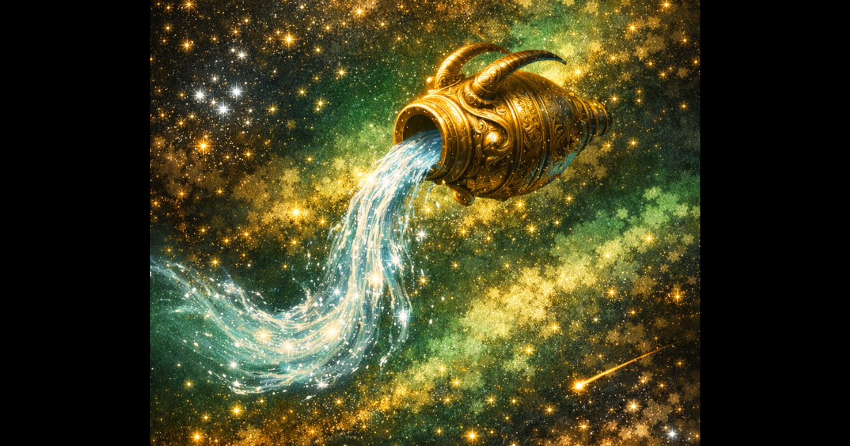 深い宇宙の背景に、金色の光の線で描かれた水瓶座のインフォグラフィック。中心には、水瓶を抱えそこから輝く水（知恵）を注ぐ美少年の姿が描かれている。上部左には水瓶座の星座記号（♒）、上部右には天王星の守護星記号（♅）、下部左には「風」のエレメントを象徴する正三角形と横線の記号、下部右には主要な星を結んだ水瓶座の星図が配置され、最下部には「AQUARIUS」のテキストが記されている。