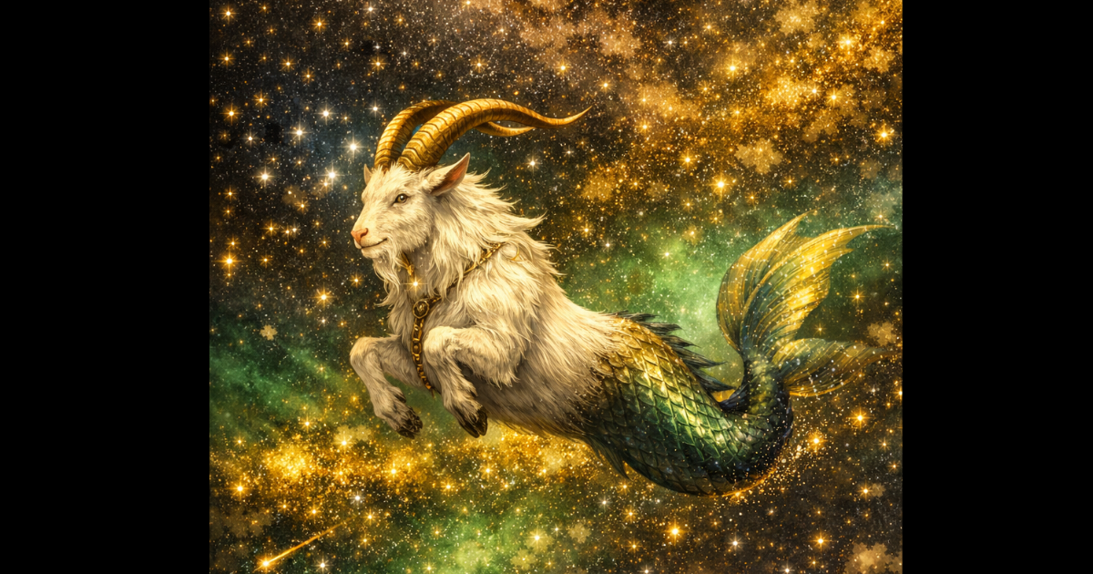 深い宇宙の背景に、金色の光の線で描かれた山羊座のインフォグラフィック。中心には、立派な角を持つヤギの上半身と、うろこ輝く魚の下半身をあわせ持った牧神パンの姿が描かれている。上部左には山羊座の星座記号（♑）、上部右には土星の守護星記号（♄）、下部左には「地」のエレメントを象徴する下向きの三角形と横線の記号、下部右には主要な星を結んだ山羊座の星図が配置され、最下部には「CAPRICORN」のテキストが記されている。