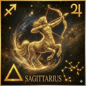 深い宇宙の背景に、金色の光の線で描かれた射手座のインフォグラフィック。中心には、筋肉質で力強い半人半馬の賢者（ケイローン）が弓を大きく引き絞る姿が描かれ、その周囲を金色の象徴記号が囲んでいる。上部左には射手座の星座記号（♐）、上部右には木星の守護星記号（♃）、下部左には「火」のエレメントを象徴する正三角形の記号、下部右には主要な星を結んだ射手座の星図が配置され、最下部には「SAGITTARIUS」のテキストが記されている。
