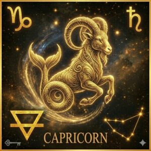 深い宇宙の背景に、金色の光の線で描かれた山羊座のインフォグラフィック。中心には、立派な角を持つヤギの上半身と、魚の尾を持つ下半身をあわせ持った牧神パン（シーゴート）が描かれ、その周囲を金色の象徴記号が囲んでいる。上部左には山羊座の星座記号（♑）、上部右には土星の守護星記号（♄）、下部左には「地」のエレメントを象徴する下向きの三角形と横線の記号、下部右には主要な星を結んだ山羊座の星図が配置され、最下部には「CAPRICORN」のテキストが記されている。