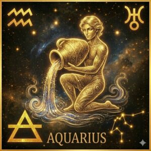 深い宇宙の背景に、金色の光の線で描かれた水瓶座のインフォグラフィック。中心には、緻密な装飾が施された水瓶を抱え、そこから輝く水（知恵）を注ぐ美少年（ガニュメーデス）の姿が描かれ、その周囲を金色の象徴記号が囲んでいる。上部左には水瓶座の星座記号（♒）、上部右には天王星の守護星記号（♅）、下部左には「風」のエレメントを象徴する正三角形と横線の記号、下部右には主要な星を結んだ水瓶座の星図が配置され、最下部には「AQUARIUS」のテキストが記されている。