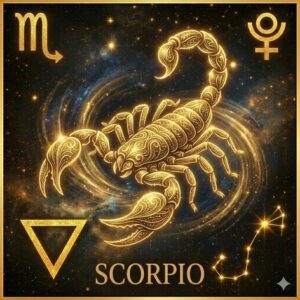 深い宇宙の背景に、金色の光の線で描かれた蠍座のインフォグラフィック。中心には、緻密な装飾が施された大きな蠍が描かれ、その周囲を金色の象徴記号が囲んでいる。上部左には蠍座の星座記号(♏)、上部右には冥王星の守護星記号(♇)、下部左には「水」のエレメントを象徴する下向きの三角形の記号、下部右には主要な星を結んだ蠍座の星図が配置され、最下部には「SCORPIO」のテキストが記されている。