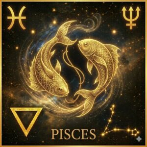 深い宇宙の背景に、金色の光の線で描かれた魚座のインフォグラフィック。中心には、緻密な装飾が施された二匹の魚が一本の紐で結ばれ、互いに逆方向を向きながら円を描く姿が描かれている。上部左には魚座の星座記号(♓)、上部右には海王星の守護星記号(♆)、下部左には「水」のエレメントを象徴する下向きの三角形の記号、下部右には主要な星を結んだ魚座の星図が配置され、最下部には「PISCES」のテキストが記されている。
