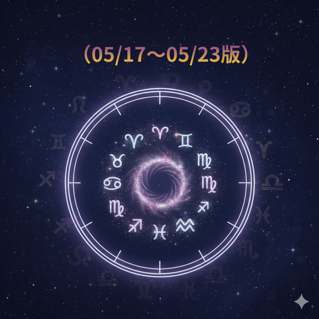 2026年5月17日から5月23日までの12星座占いアイキャッチ画像。深い紺色の宇宙背景に、白い光のラインで描かれたホロスコープチャートと、中央に渦巻くピンク色の星雲、そして12星座のシンボルマークが円状に配置されています。上部には「(05/17～05/23版)」という日付のタイトルが入っています。