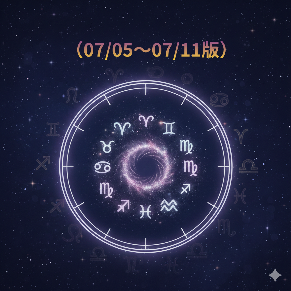 星空の背景に、12星座のシンボルマークが円状に配置されたホロスコープ風のイラスト。「(07/05〜07/11版)」という文字が上部に記載されています。