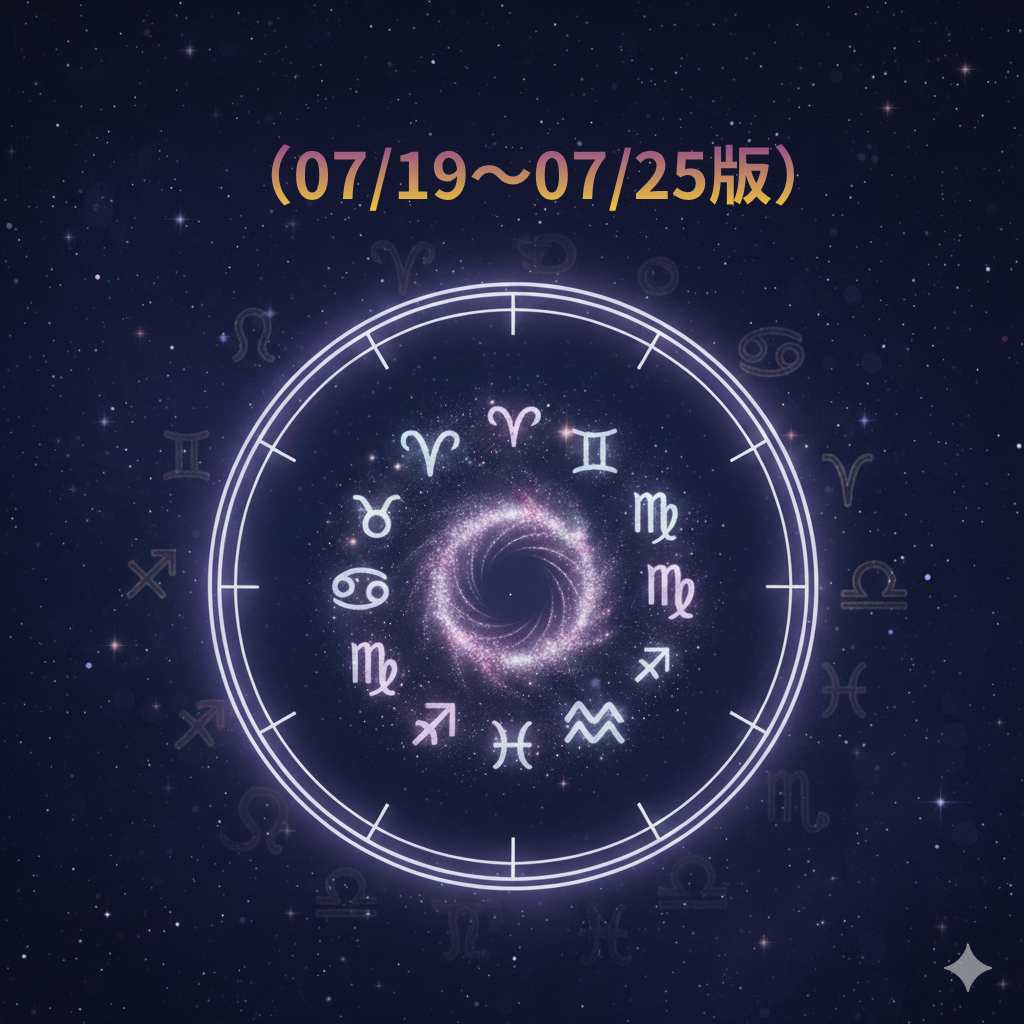 星空の背景に、12星座のシンボルマークが円状に配置されたホロスコープ風のイラスト。「(07/19〜07/25版)」という文字が上部に記載されています。