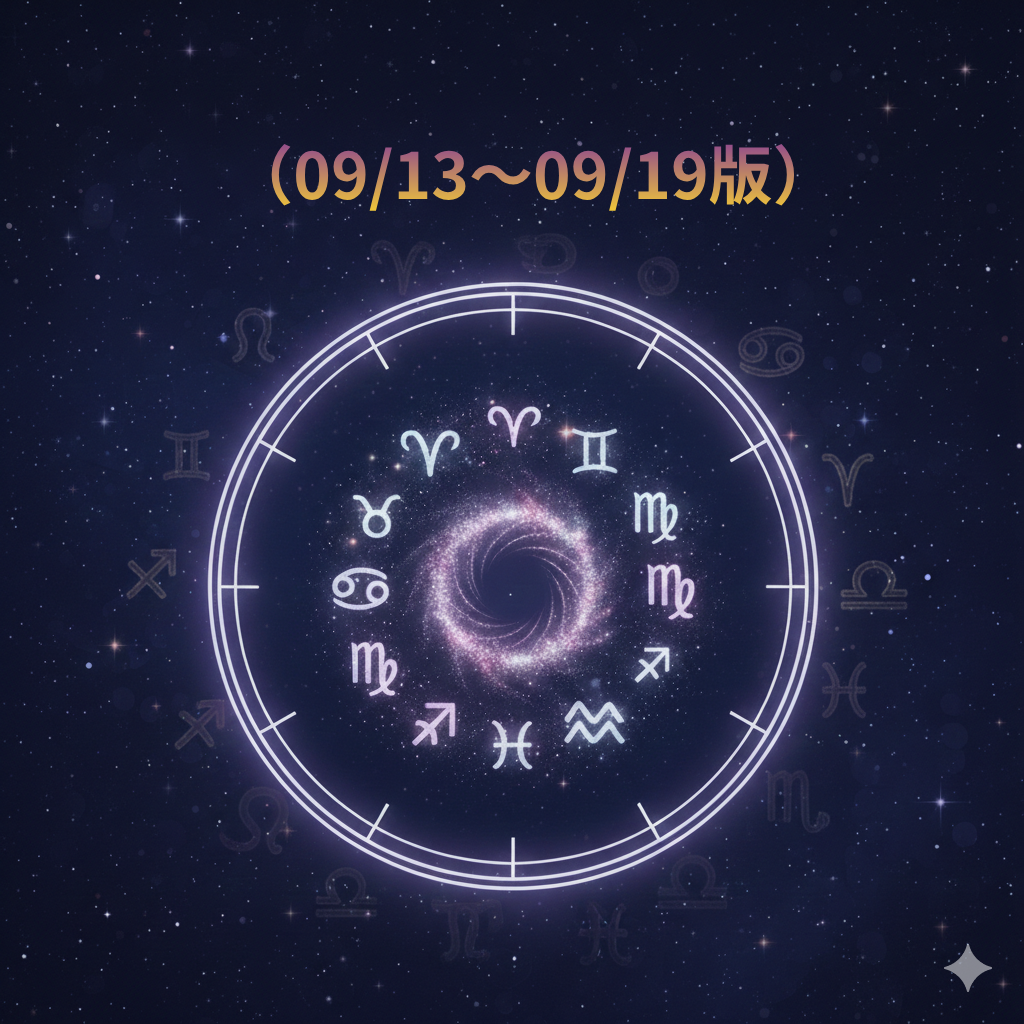 星空の背景に、12星座のシンボルマークが円状に配置されたホロスコープ風のイラスト。「(09/13〜09/19版)」という文字が上部に記載されています。