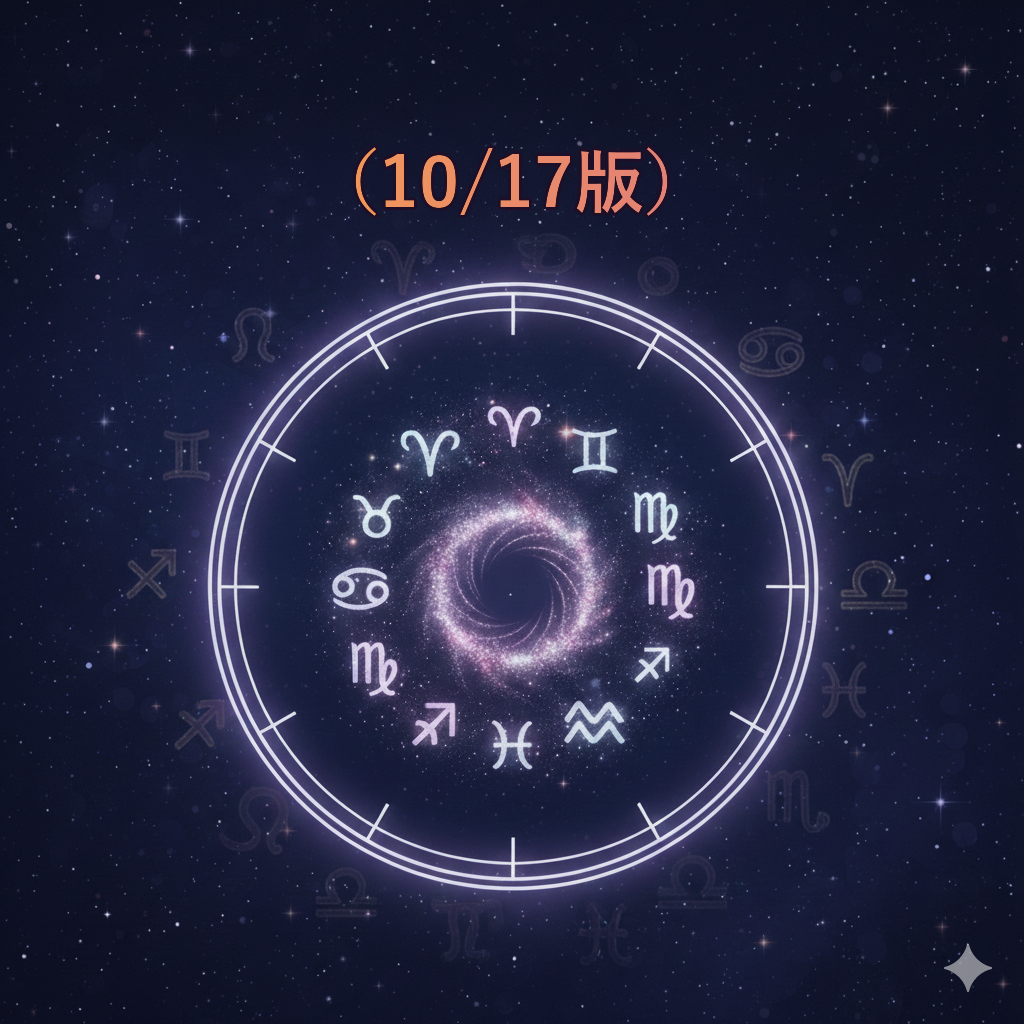 2026-10-17 の12星座占いアイキャッチ画像、星座ホイールと星空のイラスト