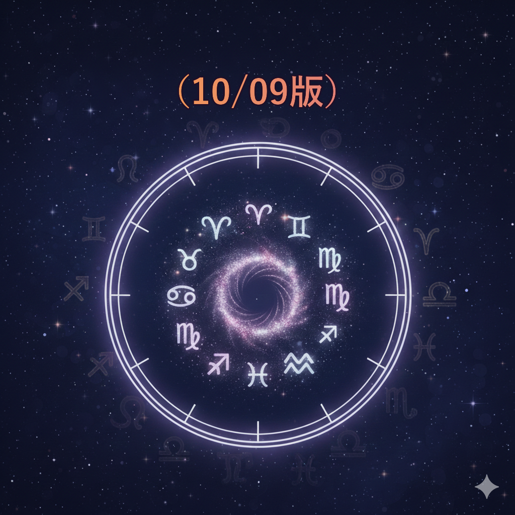 2026-10-09 の12星座占いアイキャッチ画像、星座ホイールと星空のイラスト